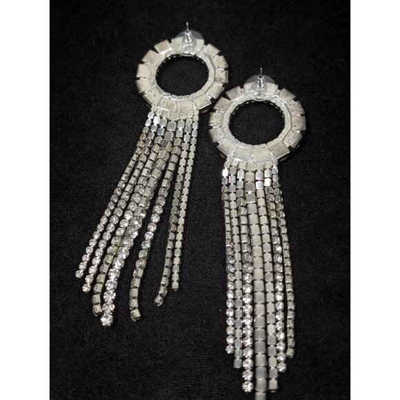 Retro Clear Rhinestone Large Circle Fringe Tassel  Long Statement Earrings Runwa - Picture 6 of 9
